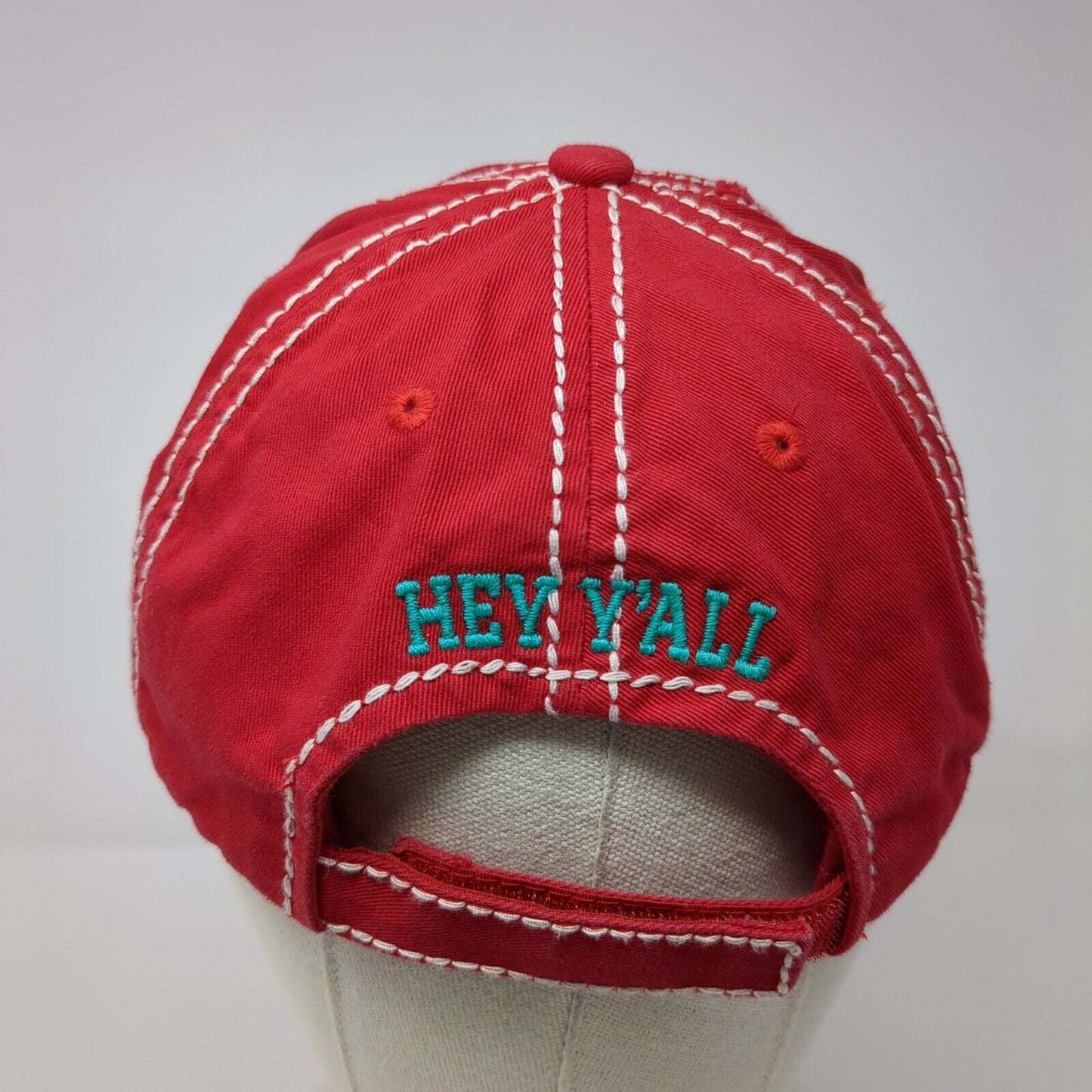 Hey Y'All Strapback Hat Red One Size Adjustable Embroidered Distressed Cotton