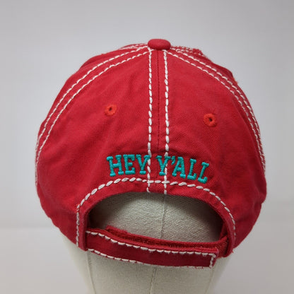 Hey Y'All Strapback Hat Red One Size Adjustable Embroidered Distressed Cotton