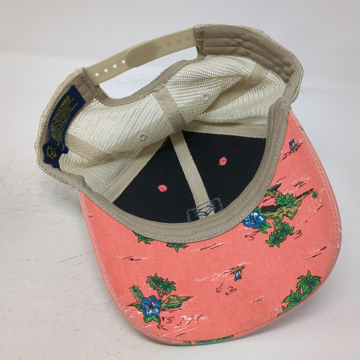 Fox Trucker Hat Pink Beige One Size Tropical Island Palm Tree Print Mesh Back