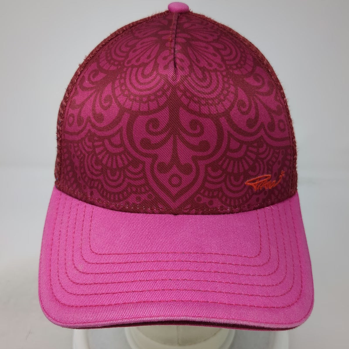 prAna Trucker Hat Pink One Size Mandala Floral Pattern Mesh Back Snapback Logo