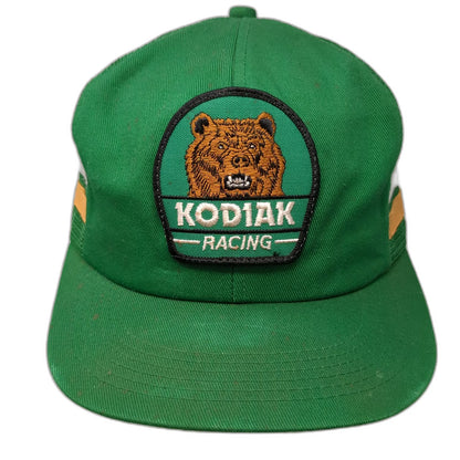 Kodiak Racing Trucker Hat Green OS Snapback Mesh Back Stripes Bear Patch Vintage