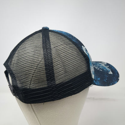 Cabela's Trucker Hat Blue Black White OSFM Mesh Back Snapback Distressed Logo