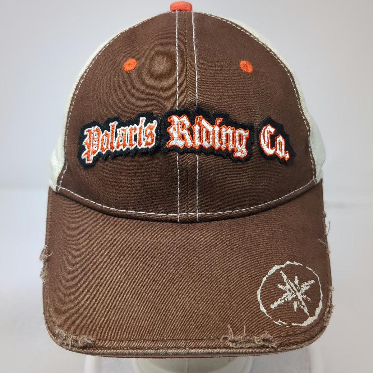 Polaris Baseball Cap Brown Beige Orange S/M Riding Co Distressed Stretch Fit Hat