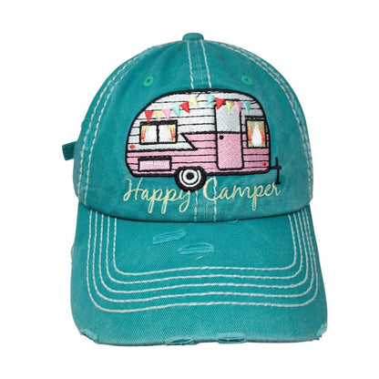 Happy Camper Slideback Hat Greenish-Blue One Size Adjustable Distressed Cotton
