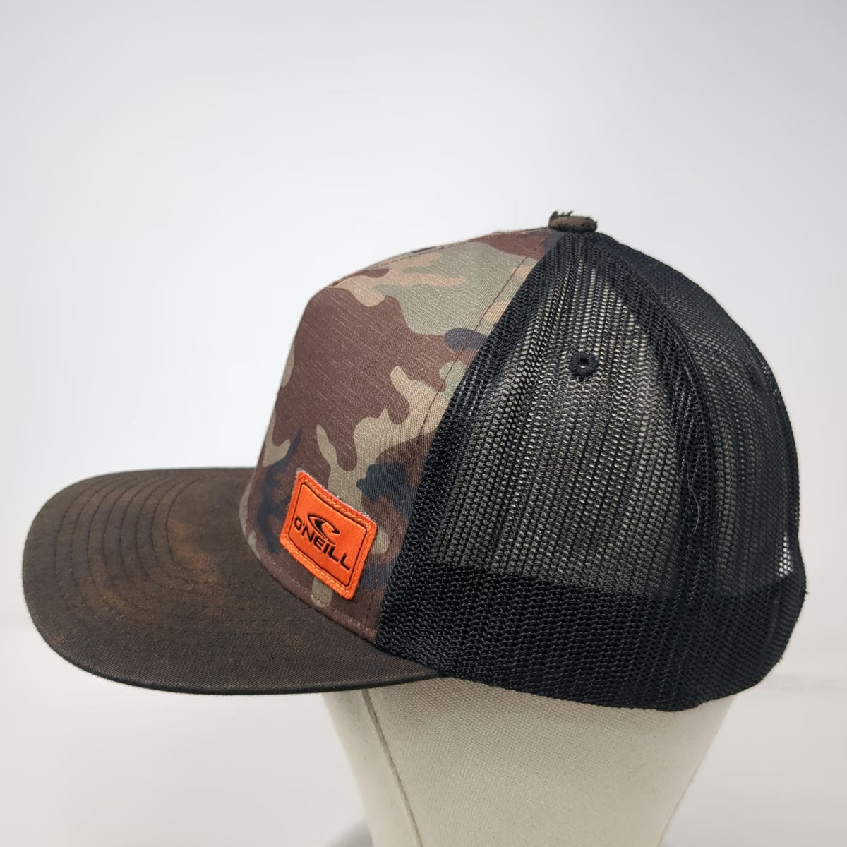 O'Neill Trucker Hat Black Camo One Size Snapback Mesh Orange Logo Patch