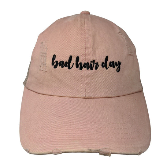 Bad Hair Day Strapback Trucker Hat Pink OSFM Ponyback Distressed David and Young