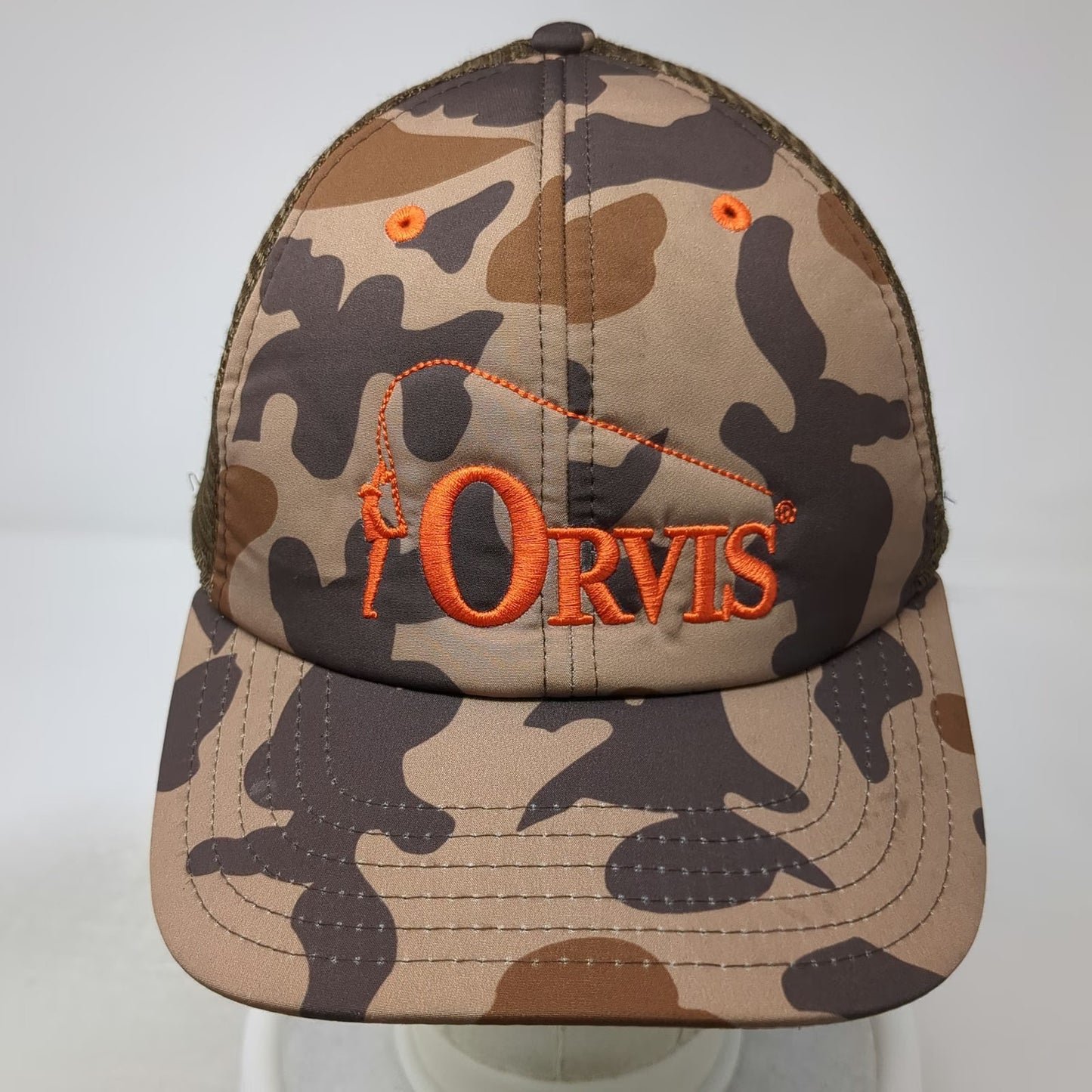 Orvis Trucker Hat Brown Camo One Size Orange Fly Fishing Logo Mesh Snapback