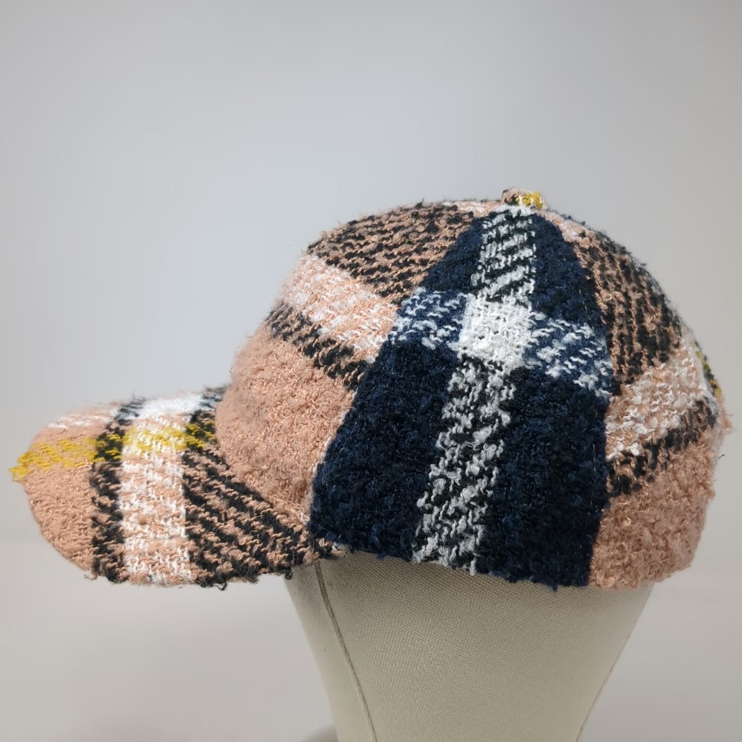 David and Young Baseball Cap Beige Blue White Yellow One Size Bouclé Plaid Hat