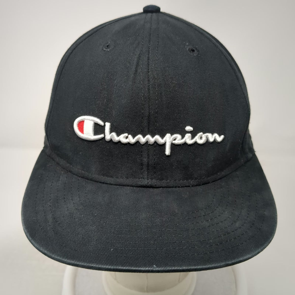Champion Snapback Black One Size Embroidered Script Logo Flat Brim Cotton Hat