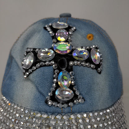 Unbranded Women's Slideback Hat Blue Western Rhinestones Cross Accents