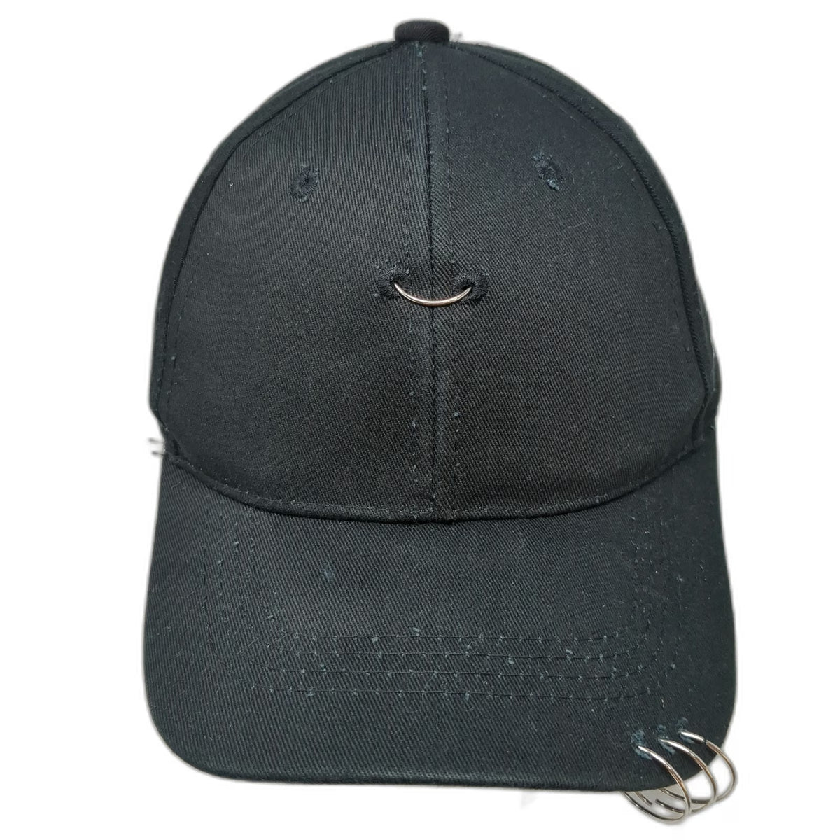 Black Baseball Cap One Size Metal Ring Piercings Distressed Embroidery Hat Punk