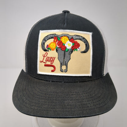 Lazy J Bull Skull Flower Snapback Trucker Hat Black One Size Mesh Back