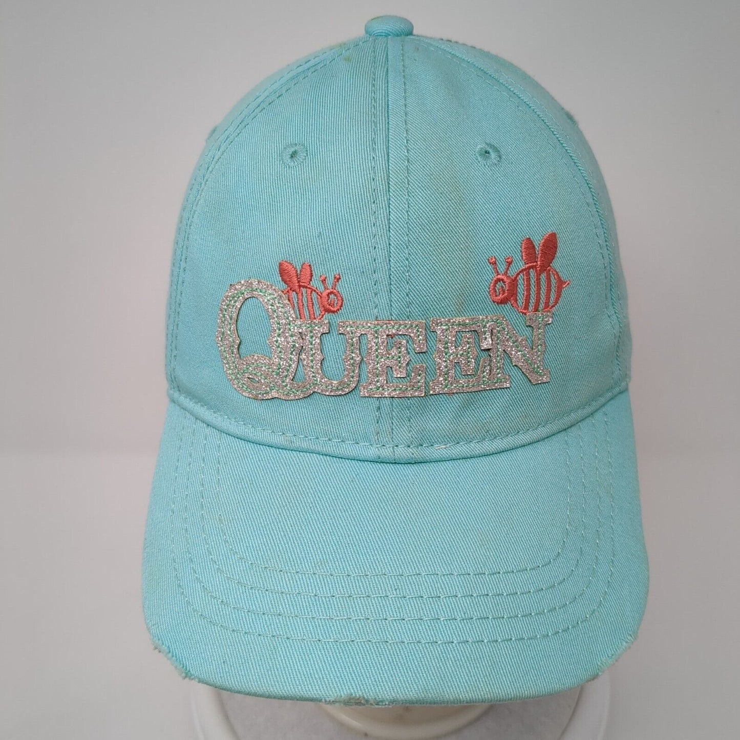 Queen Bee Strapback Hat Blue One Size Adjustable Glitter 6 Panel Pugs Cotton