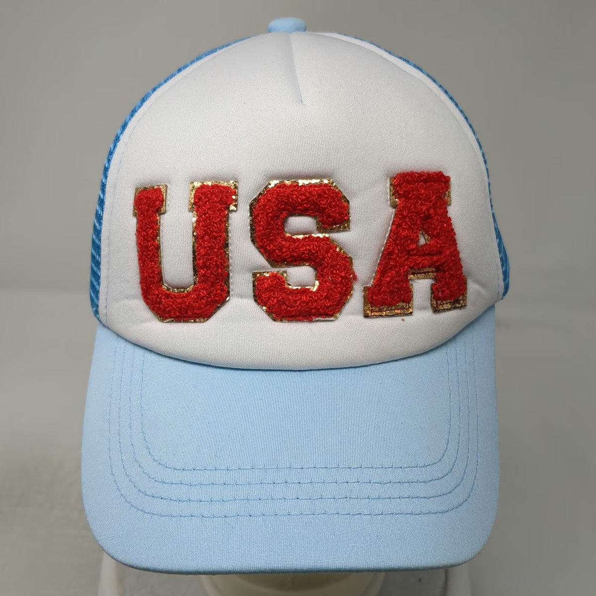 Trucker Hat Blue One Size USA Chenille Patch Gold Trim Mesh Foam Front Snapback