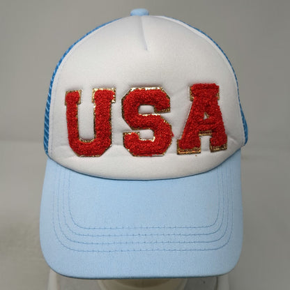 Trucker Hat Blue One Size USA Chenille Patch Gold Trim Mesh Foam Front Snapback