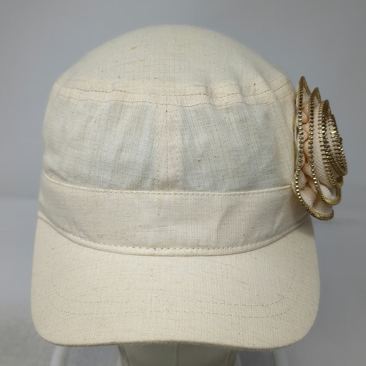 Beige Army Cap One Size Hat Flower Gold Zipper Trim Accent Cadet Elastic Back