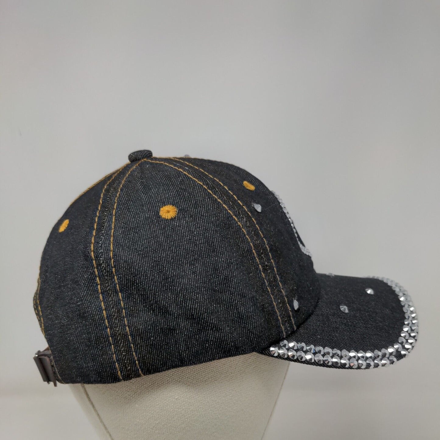 Heart Bling Slideback Hat Black One Size Leather Strap 6 Panel Studded