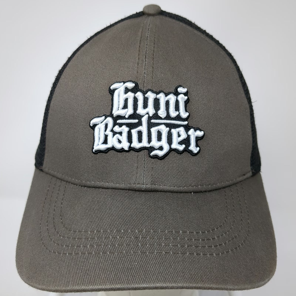 Huni Badger Trucker Hat Brown One Size Mesh Back Snapback Gothic Logo Embroidery