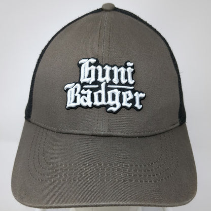 Huni Badger Trucker Hat Brown One Size Mesh Back Snapback Gothic Logo Embroidery