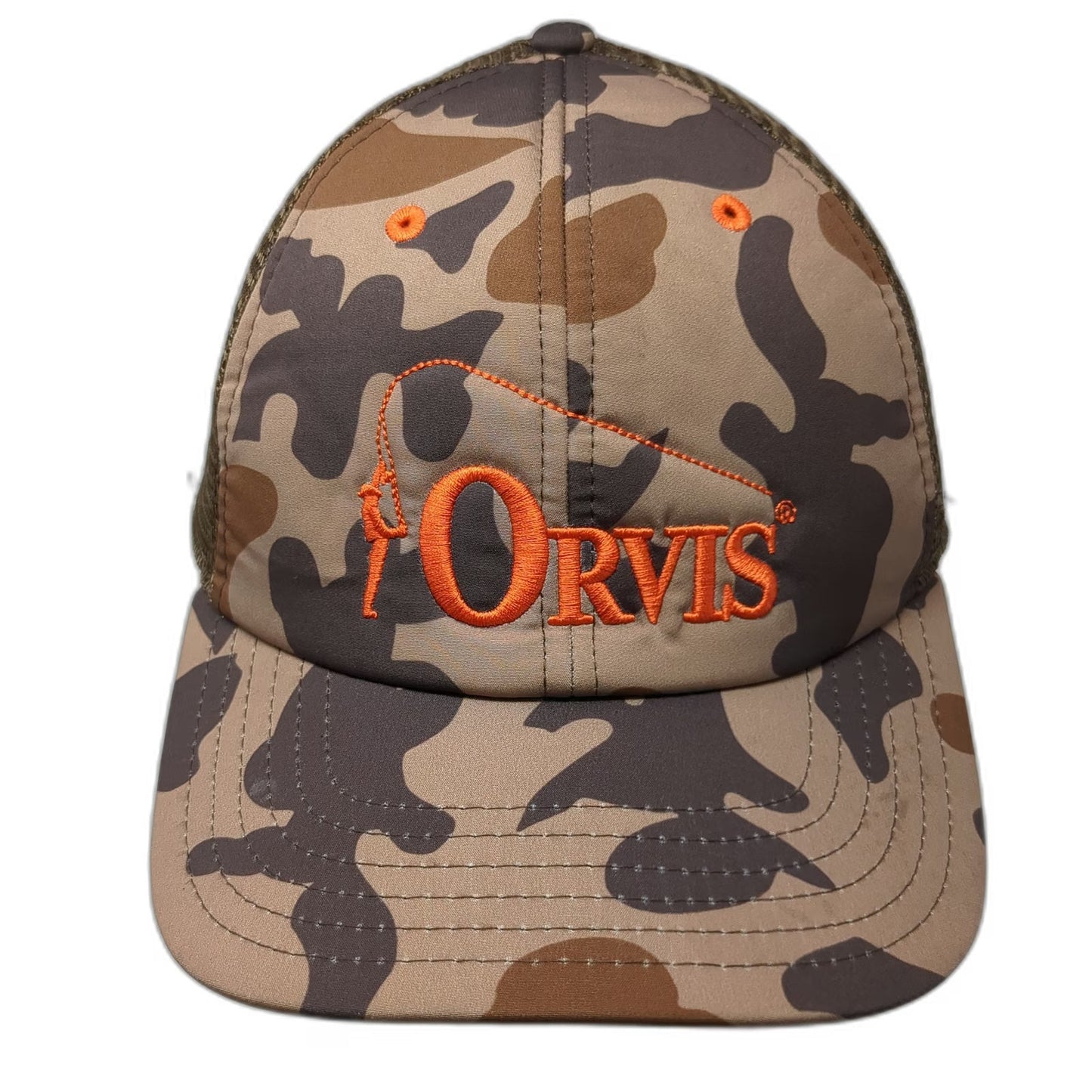 Orvis Trucker Hat Brown Camo One Size Orange Fly Fishing Logo Mesh Snapback