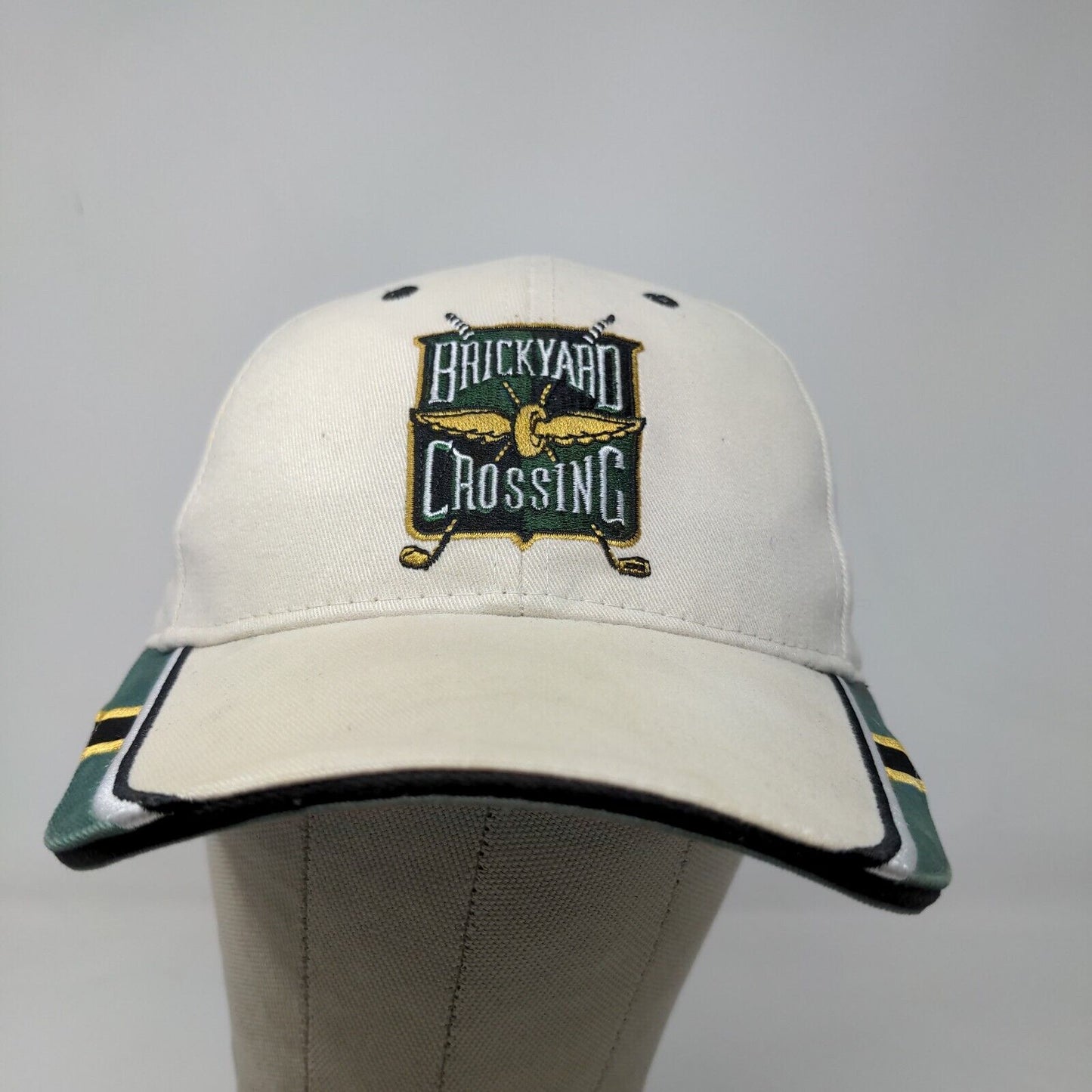 Brickyard Authentics Men's Strapback Hat Tan Green Embroidered Golf Logo