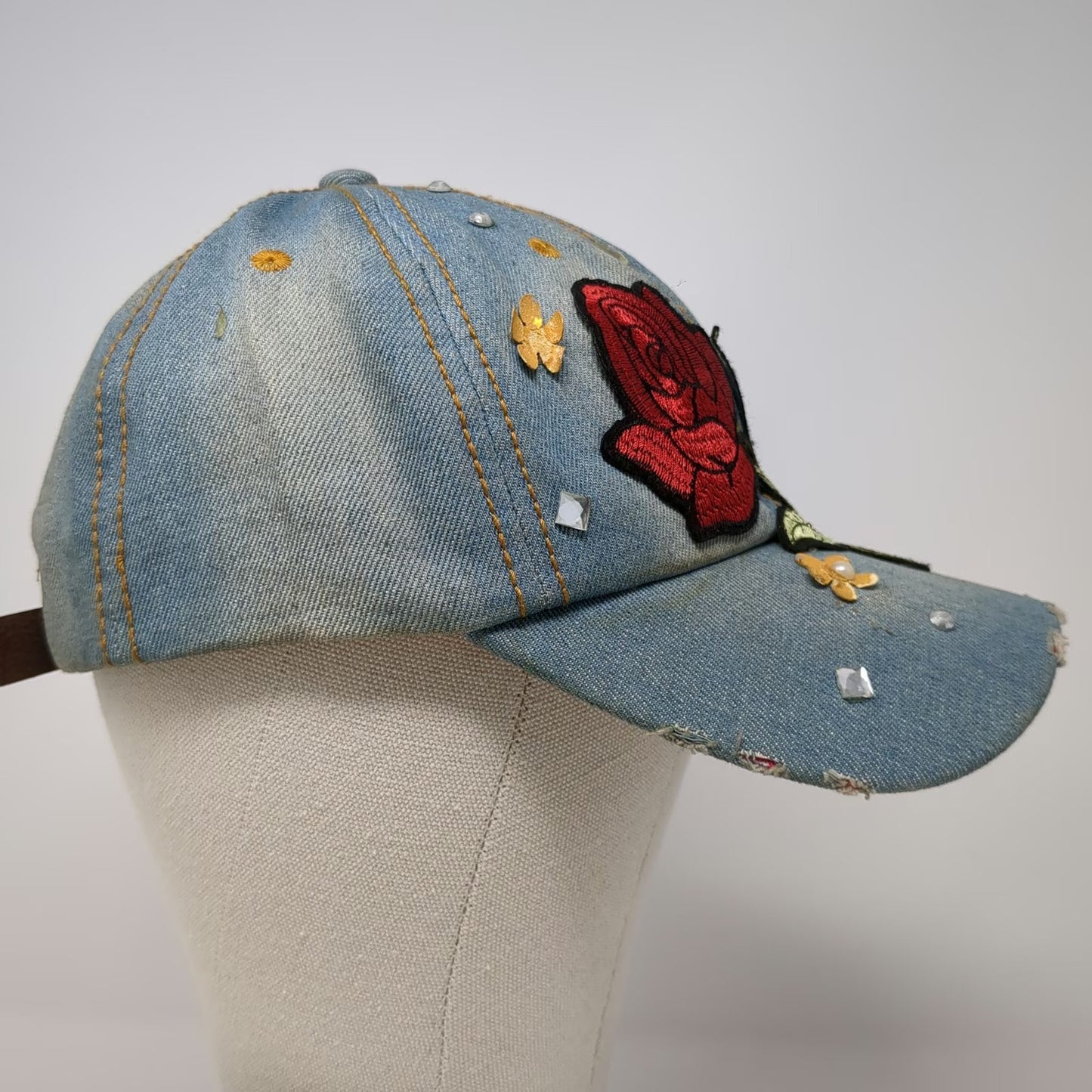 Blue Baseball Cap One Size Rose Embroidery Rhinestone Floral Stud Denim Hat