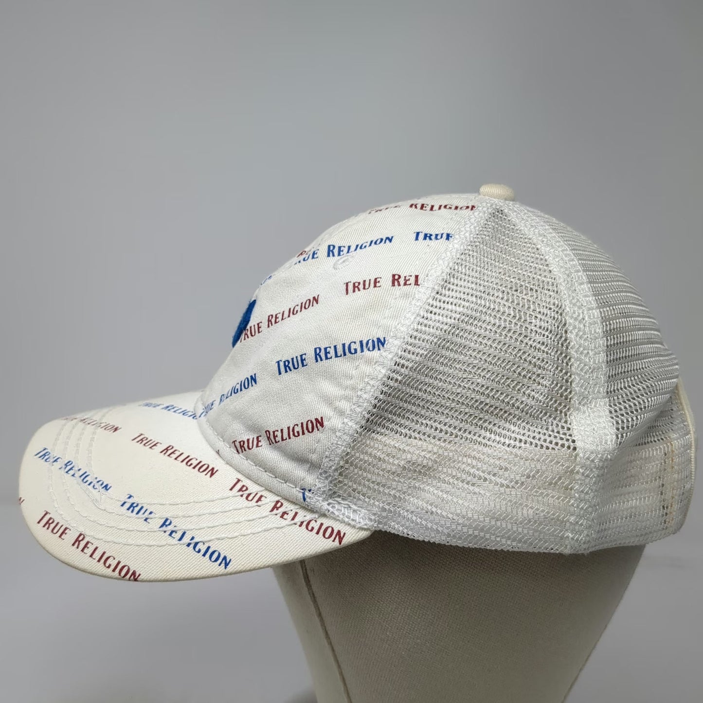 True Religion Trucker Hat White Blue Red One Size All Over Print Mesh Logo