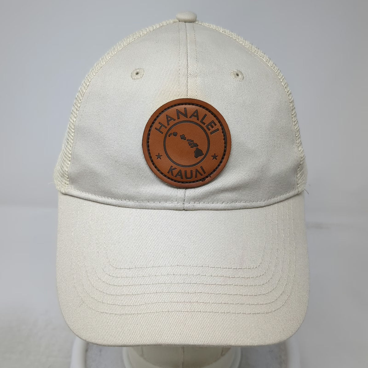Trucker Hat Beige One Size Snapback Mesh Back Hawaii Hanalei Kauai Leather Patch