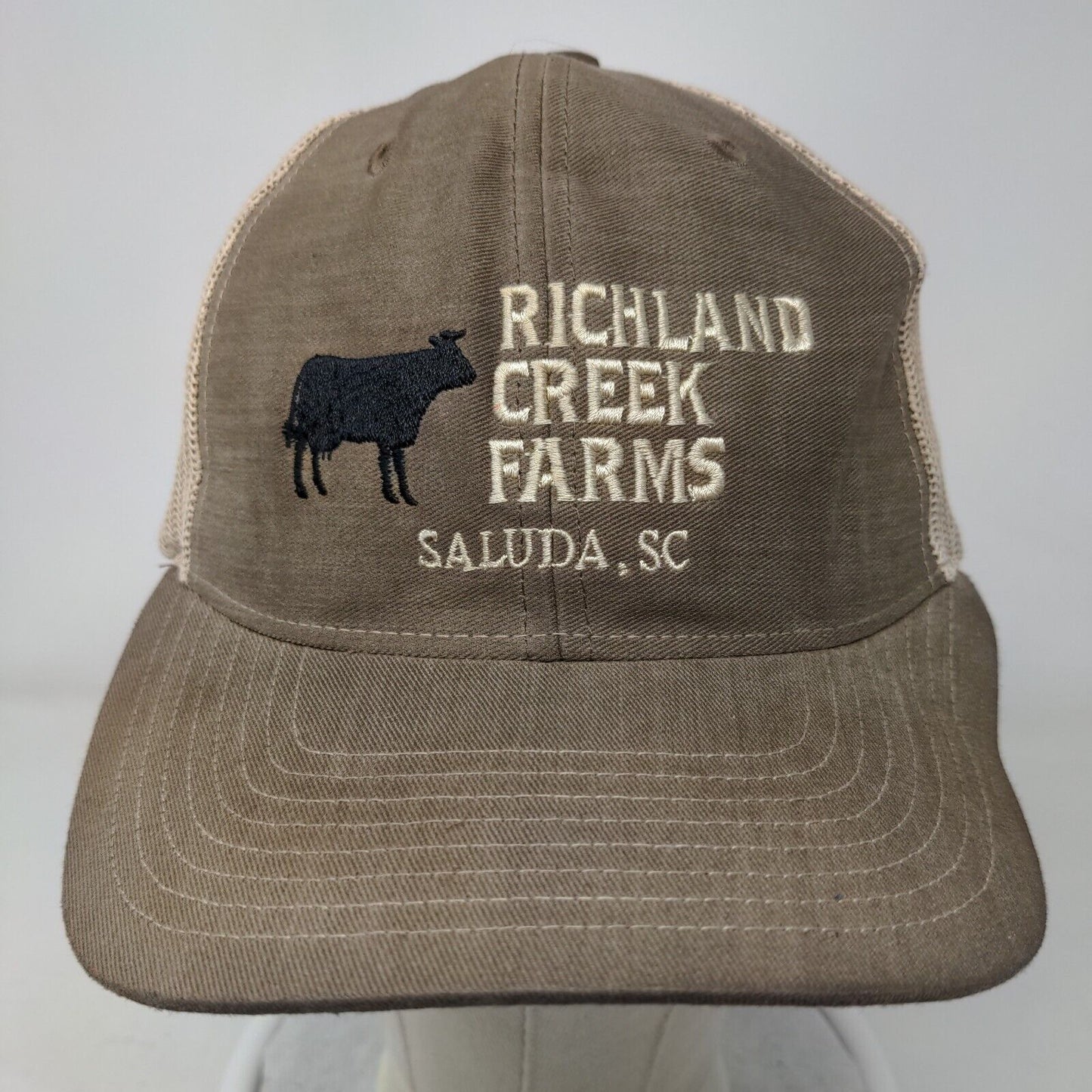 Richland Creek Farms Saluda SC Snapback Trucker Hat Tan One Size Mesh Back