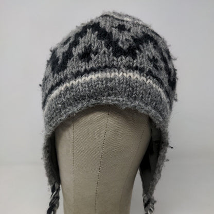 ARK Men's Knit Beanie Trapper Hat Gray Fair Isle 100% Wool Fleece Lined Nepal