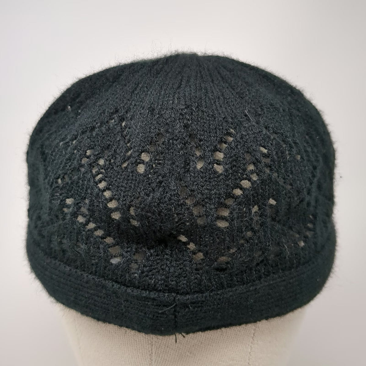 Black Army Cap One Size Knit Pointelle Chevron Pattern Ribbed Brim Soft Warm Hat