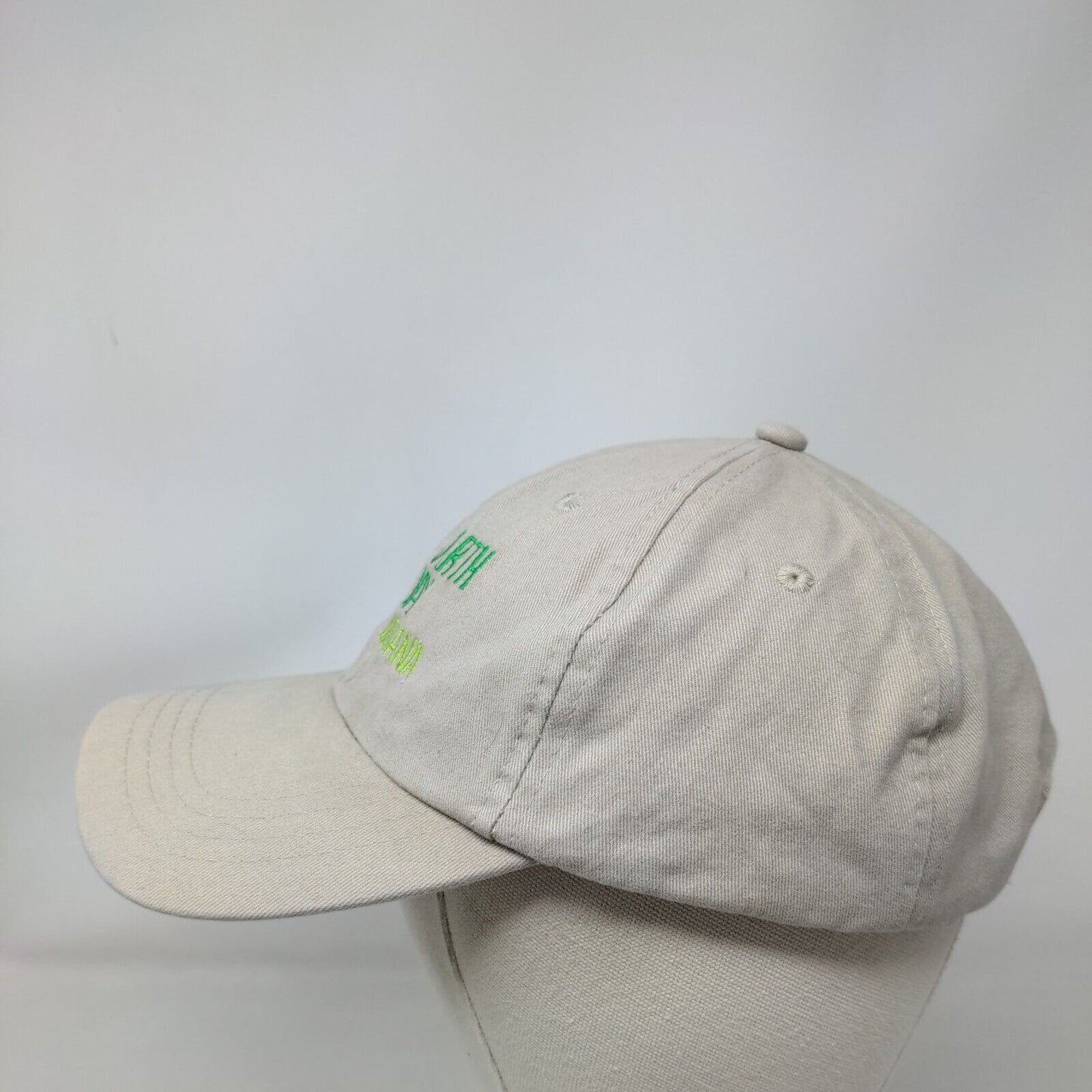 Earthday Indiana Slideback Hat Tan OSFA Adjustable Embroidered Vented Holes