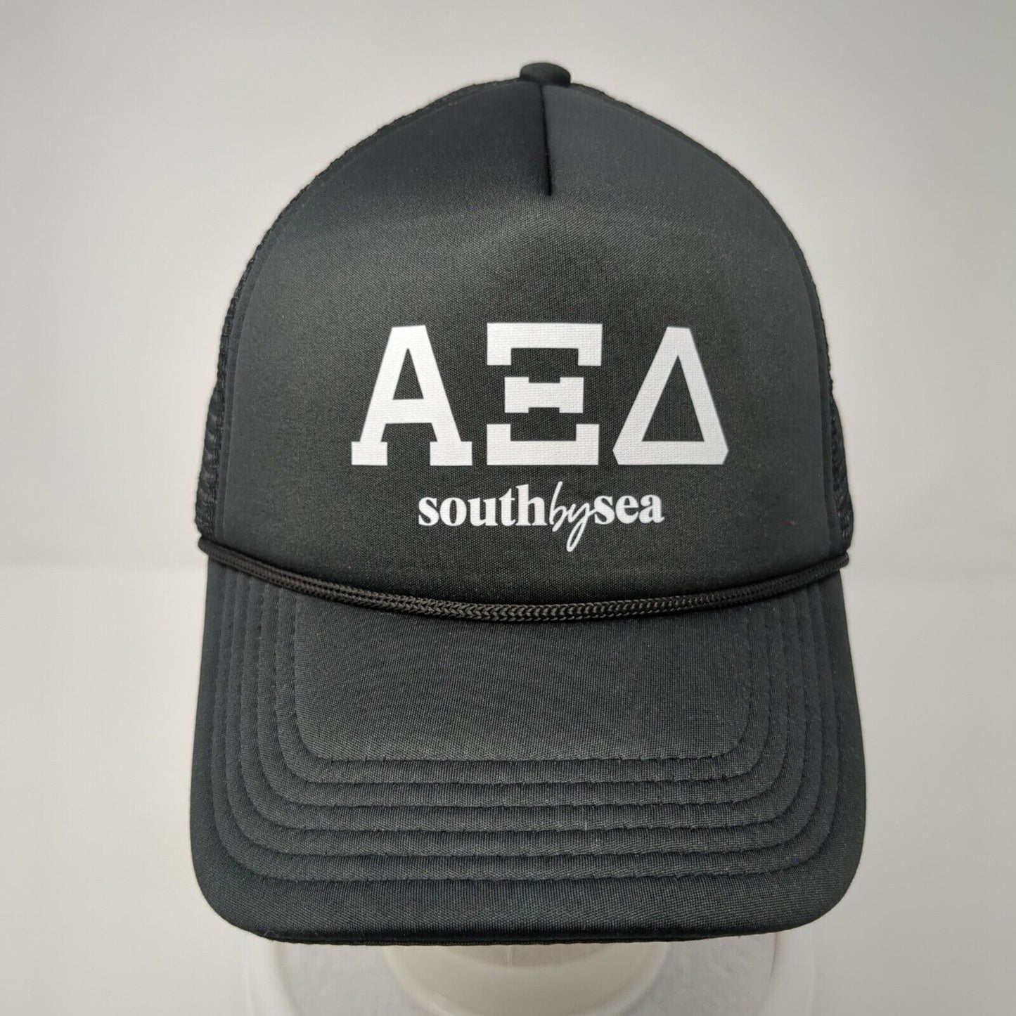 Alpha XI Delta South by Sea Snapback Trucker Hat Black One Size Mesh Back Rope