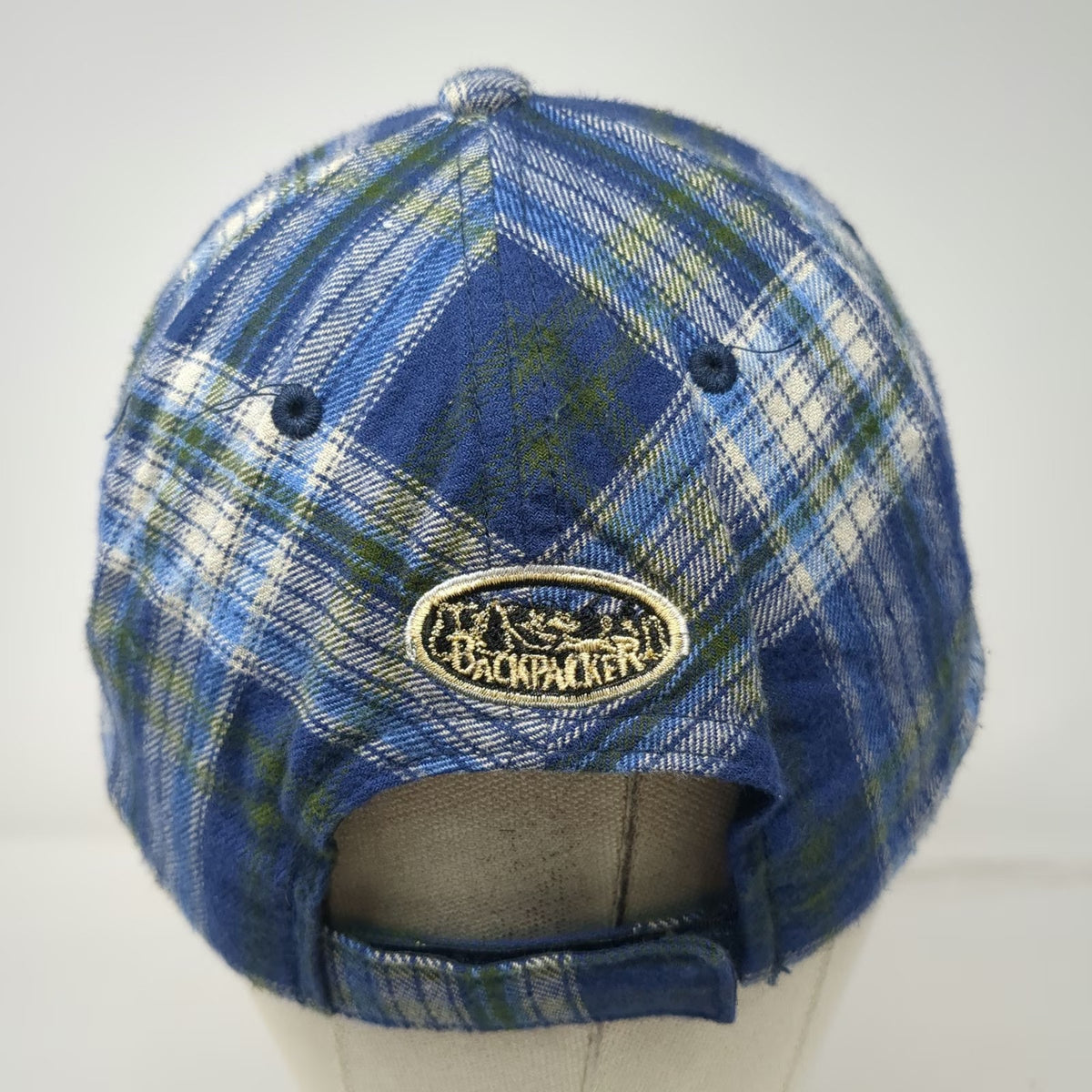 Backpacker Baseball Cap Blue One Size Plaid Cotton Strapback Hat Mountain Logo