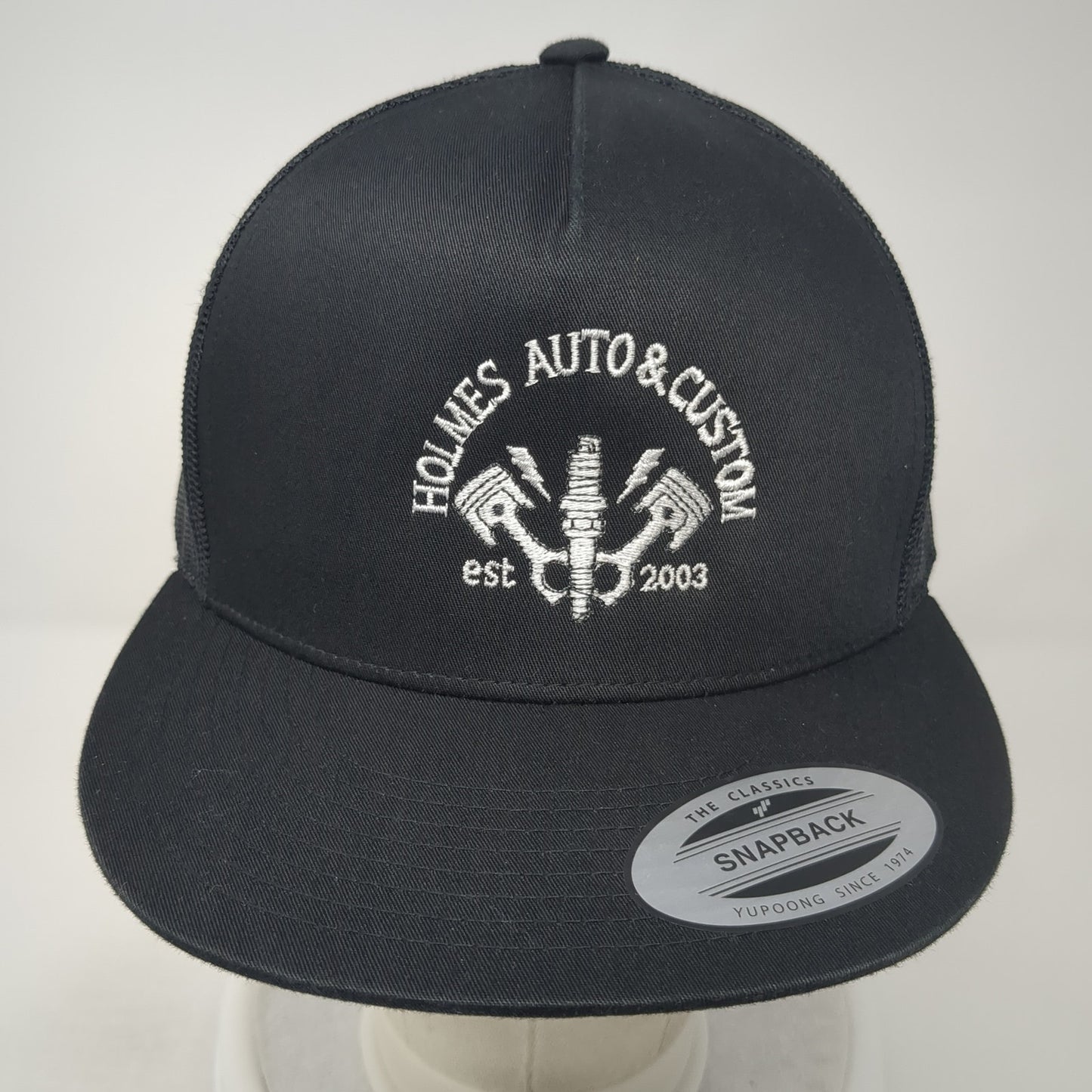 Holmes Auto & Custom Est 2003 Snapback Trucker Hat Black OS Mesh Back Yupoong