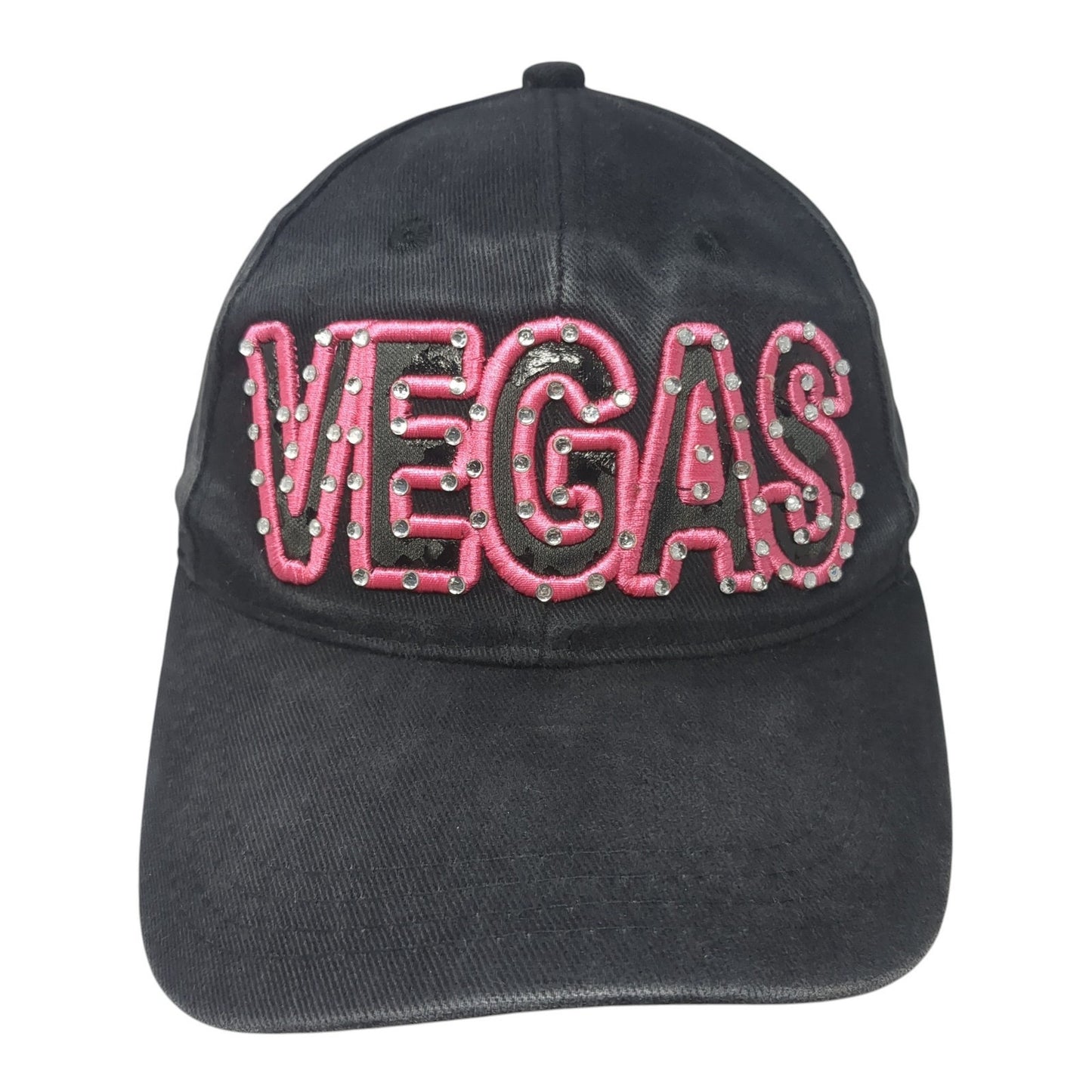 Vegas Rhinestone Strapback Hat Black One Size Adjustable Embroidered