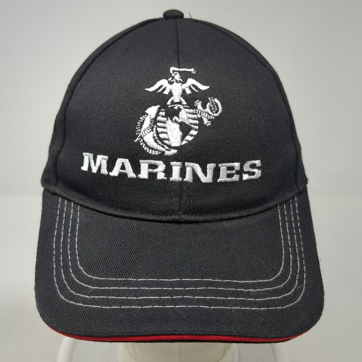 Snapback Black Hat One Size US Marines Made In USA Red Sandwich Brim Gray Stitch