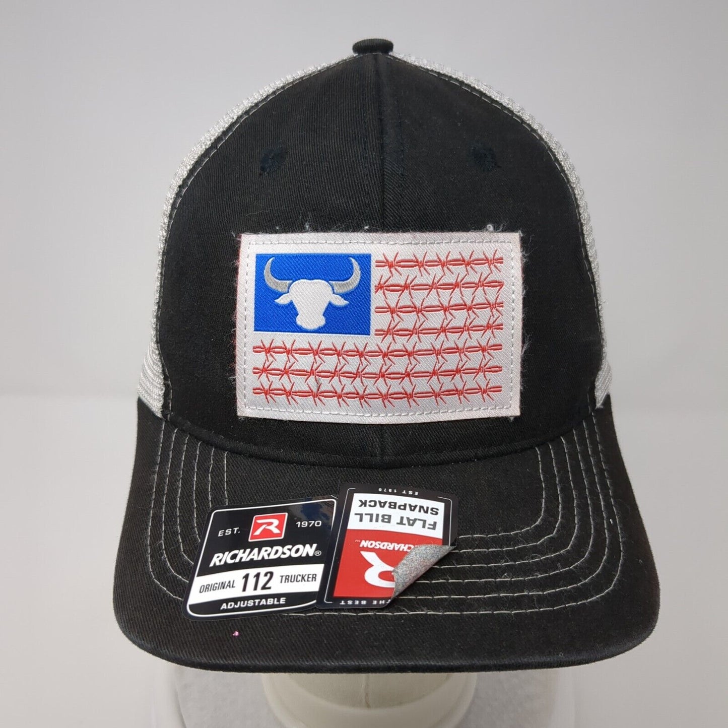 Bull American Flag Flat Bill Snapback Trucker Hat Black OSFA Adjustable 6 Panel
