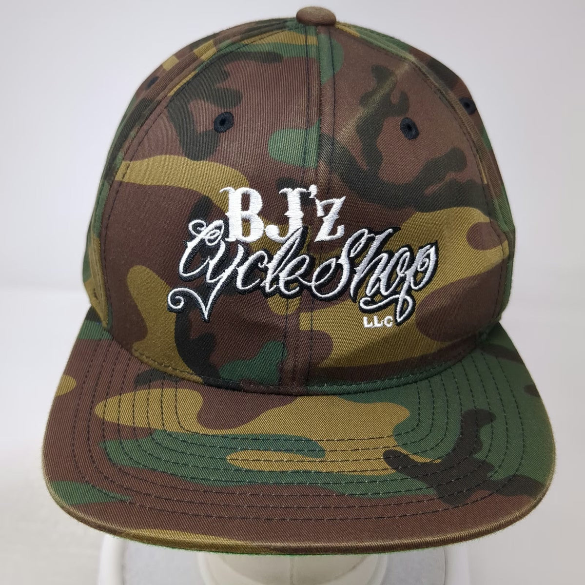 Yupoong Snapback Green Camo One Size BJ'z Cycle Shop Hat Flat Brim Embroidered