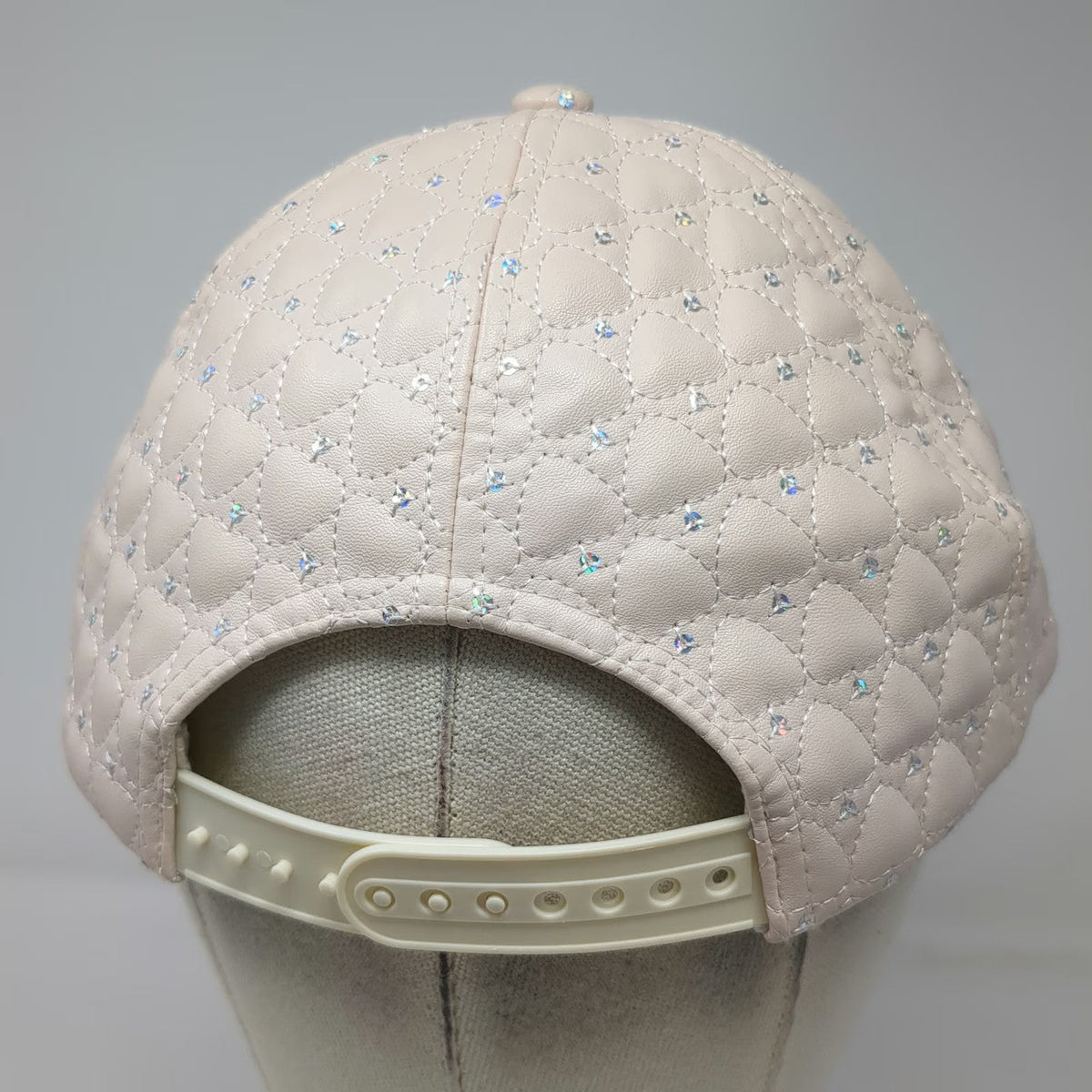 Claire's Snapback Hat Beige One Size Quilted Heart Iridescent Rhinestones Cap