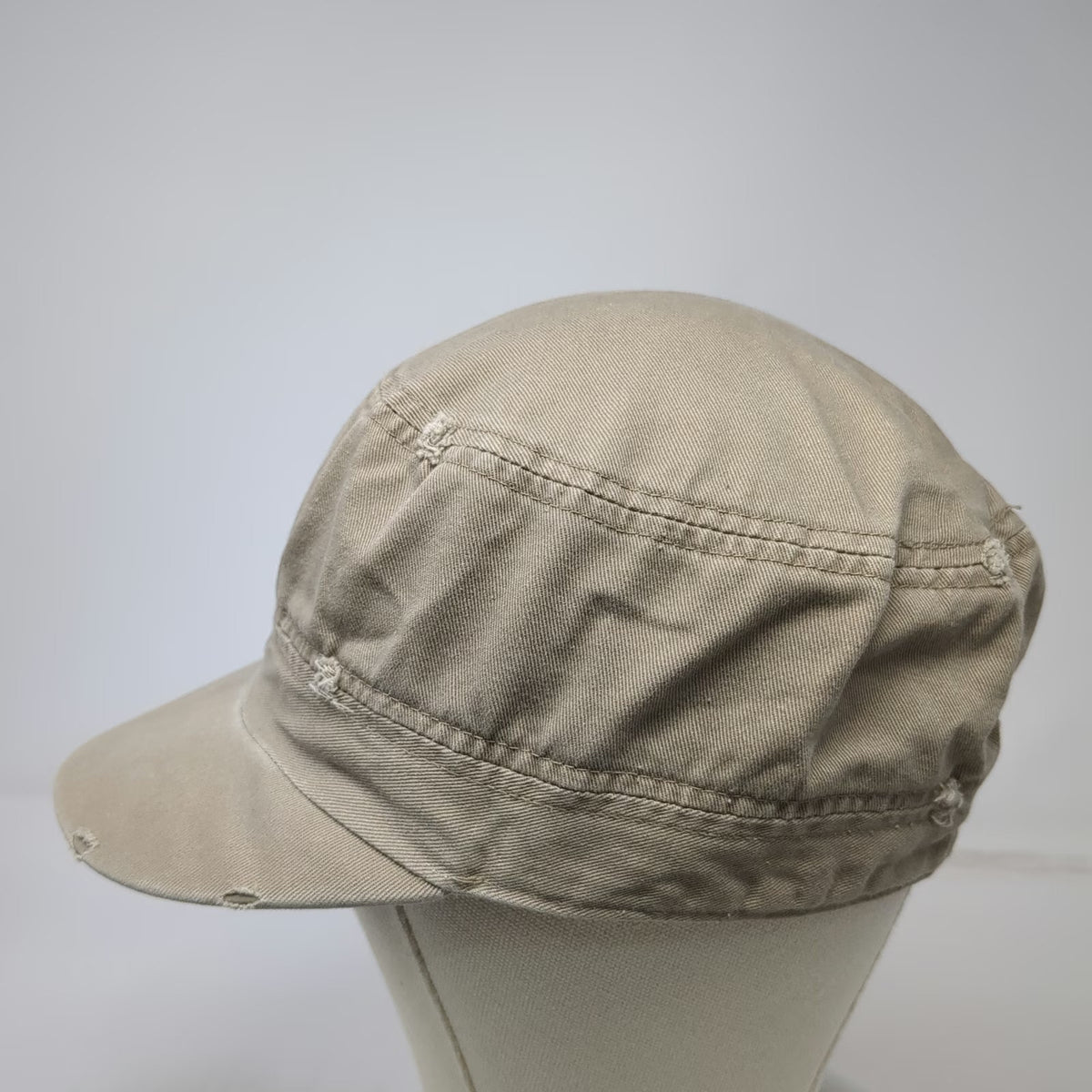 Army Cap Beige One Size Distressed Cadet Style Flat Top Frayed Edge Cotton Hat