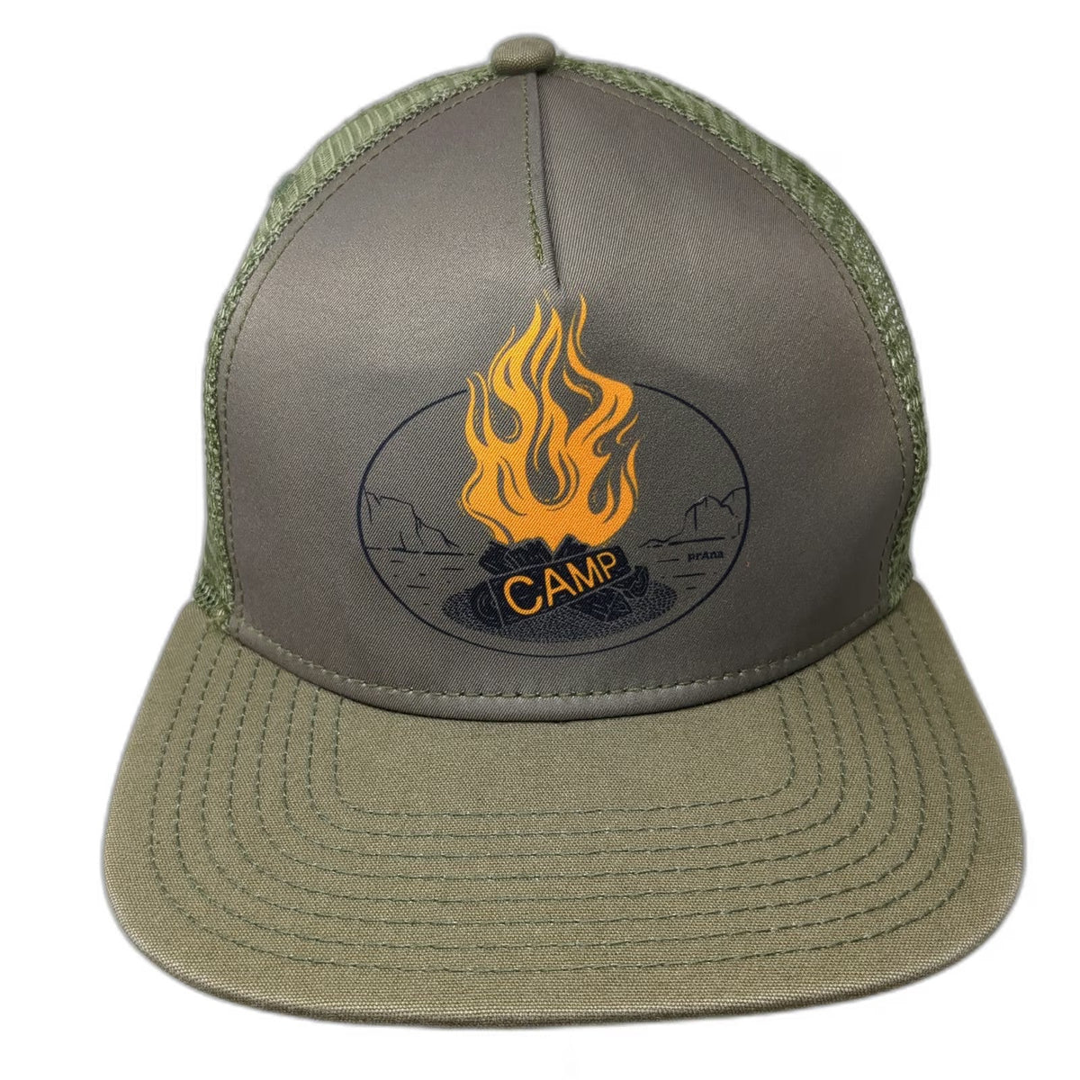 prAna Trucker Hat Green One Size Mesh Back Campfire Graphic Flat Brim Snapback