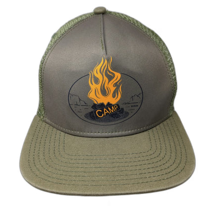 prAna Trucker Hat Green One Size Mesh Back Campfire Graphic Flat Brim Snapback