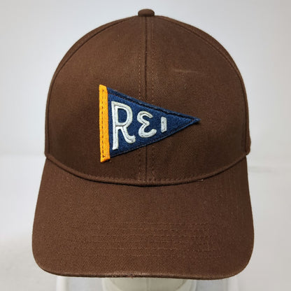 REI Snapback Hat Brown One Size Embroidered Pennant Logo Patch Cotton 6 Panel