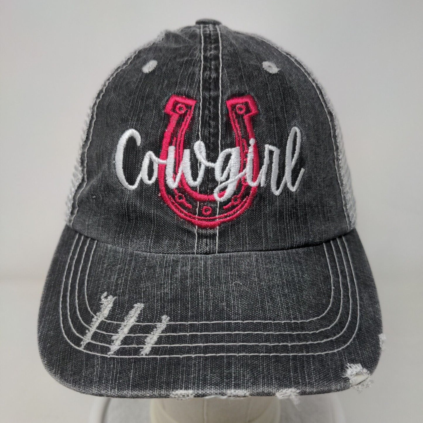 Cowgirl Horseshoe Strapback Mesh Back Trucker Hat Gray OSFM Embroidered