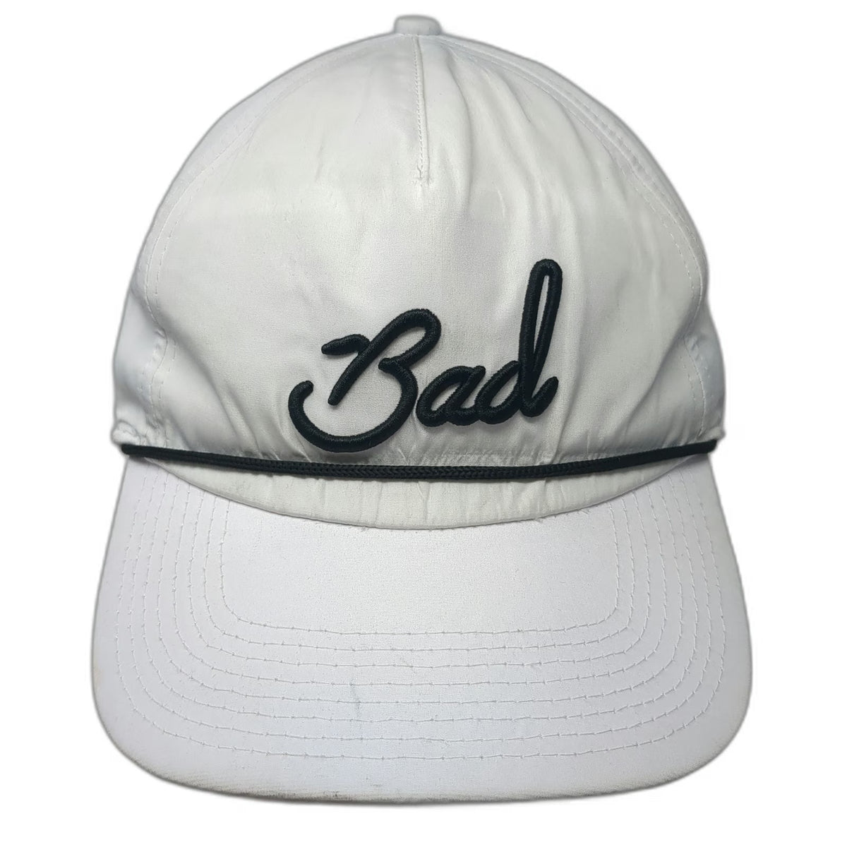 Bad Birdie 5 Panel White Hat One Size Snapback Black Rope Script Performance