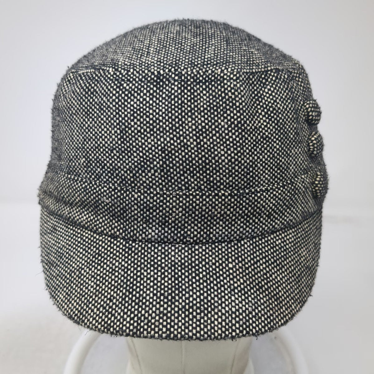 Army Cap Black White One Size Tweed Woven Fabric Side Buttons Cadet Hat