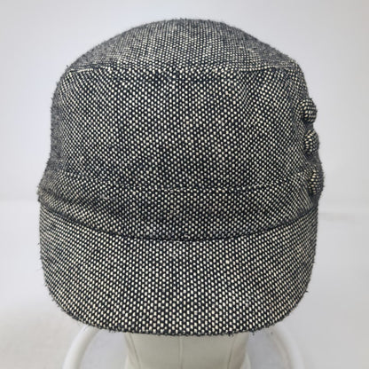 Army Cap Black White One Size Tweed Woven Fabric Side Buttons Cadet Hat