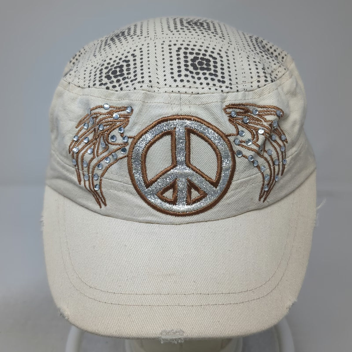 Army Cap Beige One Size Peace Sign Rhinestone Wings Distressed Hat