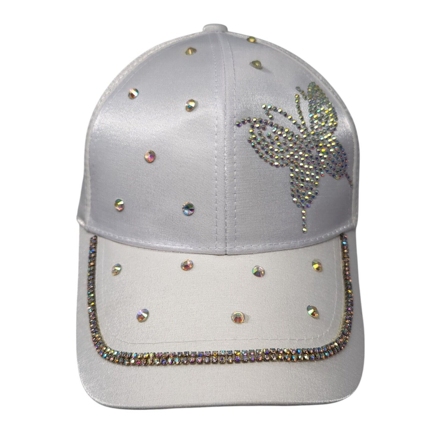 Rhinestone Butterfly Slideback Hat White OS Adjustable Embellished 6 Panel